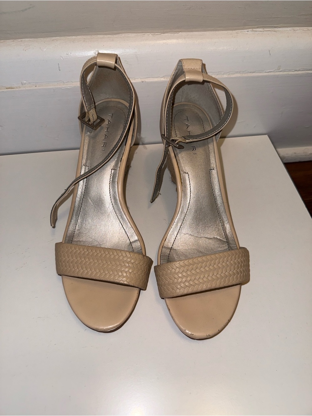 Tahari Neutral Braided-Strap Ankle Strap Heels
